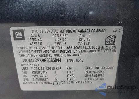 2016 Chevrolet Equinox Lt z USA, uszkodzony, nr VIN 2GNALCEK9G6305044